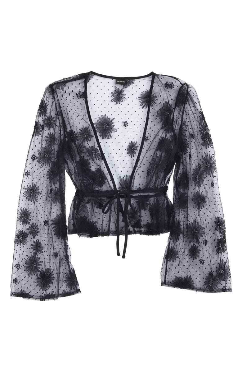 SAACHI Sheer Floral Bell Sleeves Tie Front Top, Alternate, color, Black