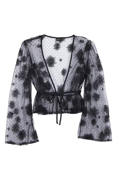 Saachi Sheer Floral Mesh Bell Sleeve Tie Front Top In Black