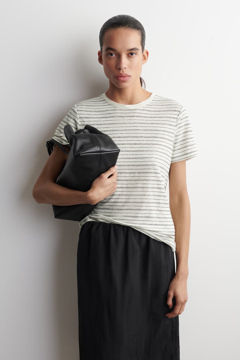 Crew-Neck Linen T-Shirt, Main, color, WHITE / BROWN / STRIPED