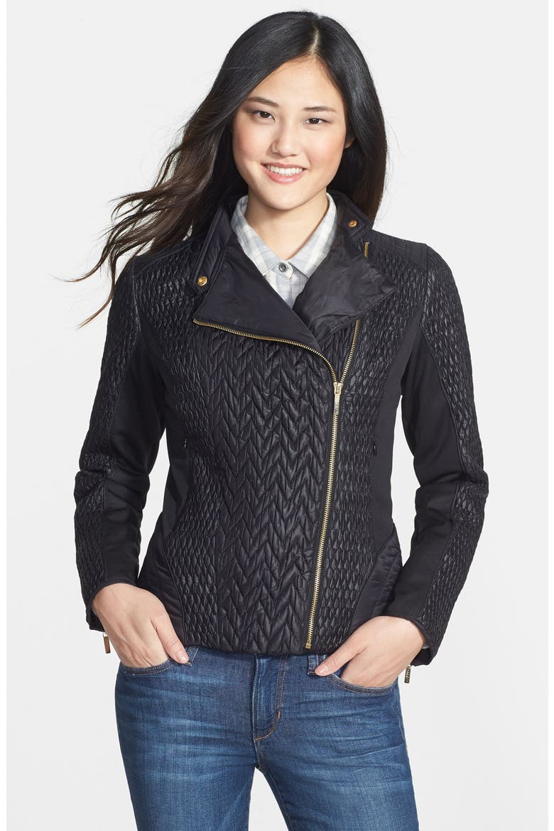 Mixed Quilt Detail Moto Jacket, Main, color, BLACK