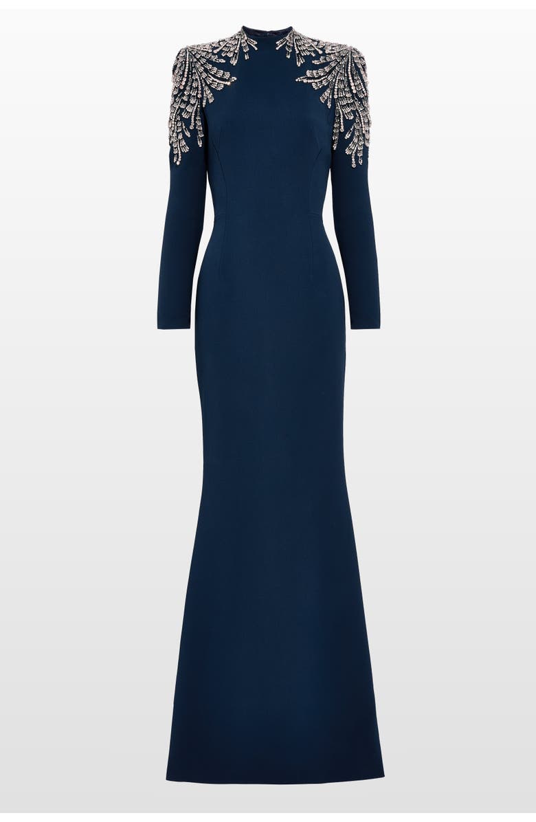 Jenny Packham Cobra embellished-shoulders mock-neck maxi dress, Main, color, Blackthorne Blue