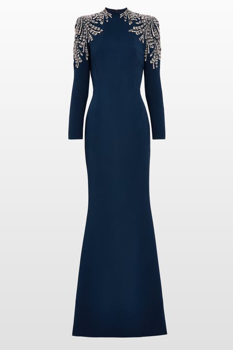 Cobra embellished-shoulders mock-neck maxi dress
