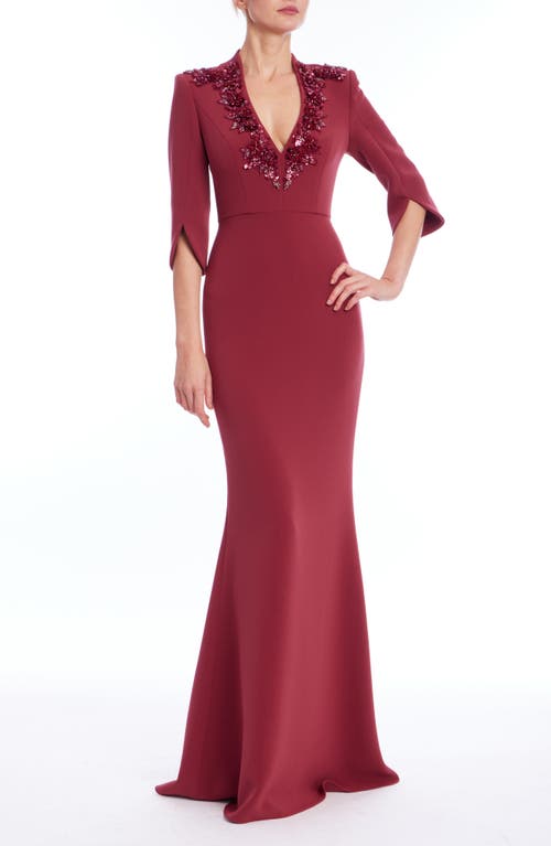 Badgley Mischka Collection Embellished Deep V-neck Mermaid Gown In Burgundy