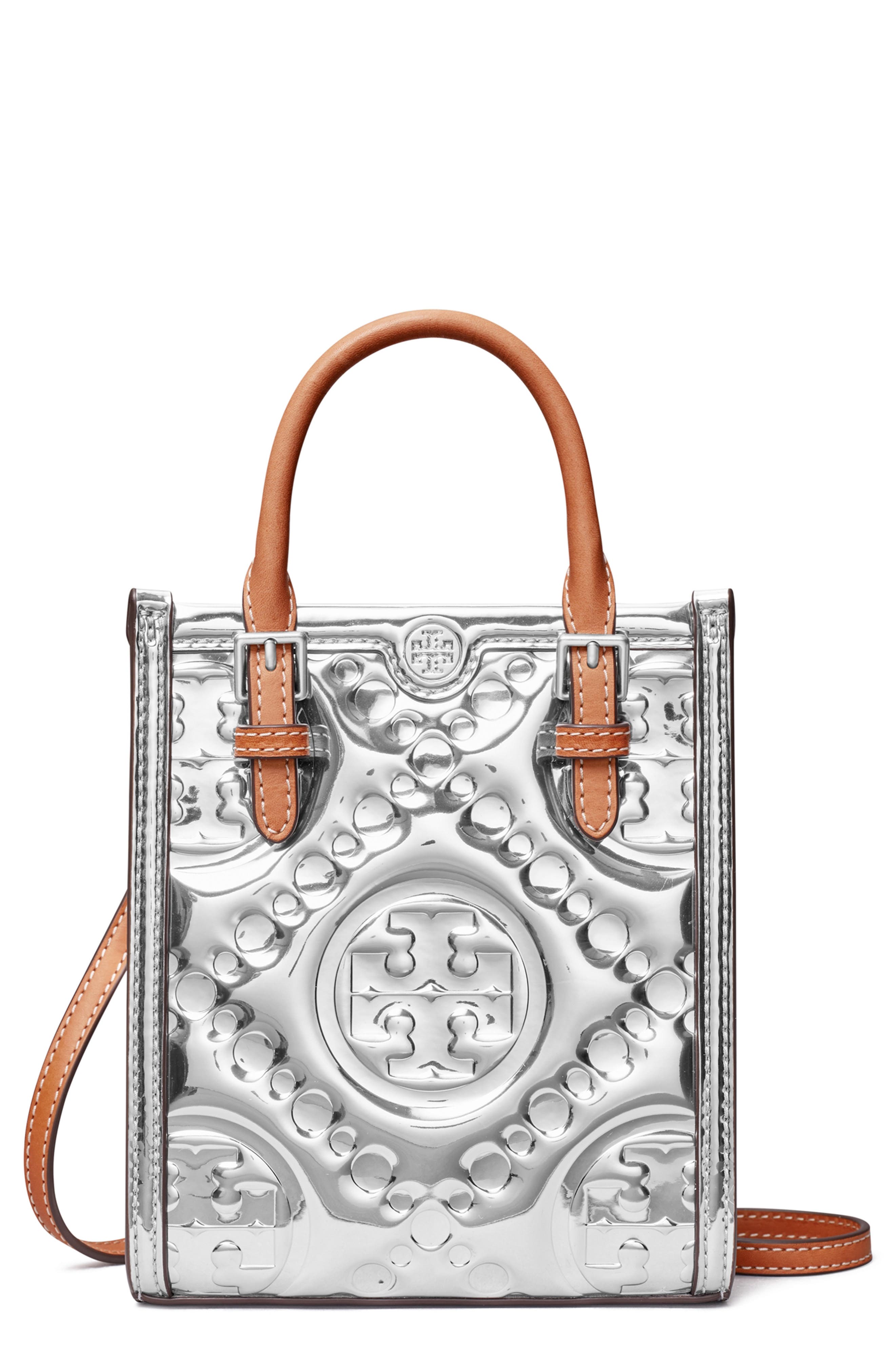 Tory Burch Mini T Monogram Embossed Metallic Tote Bag, Main, color, 