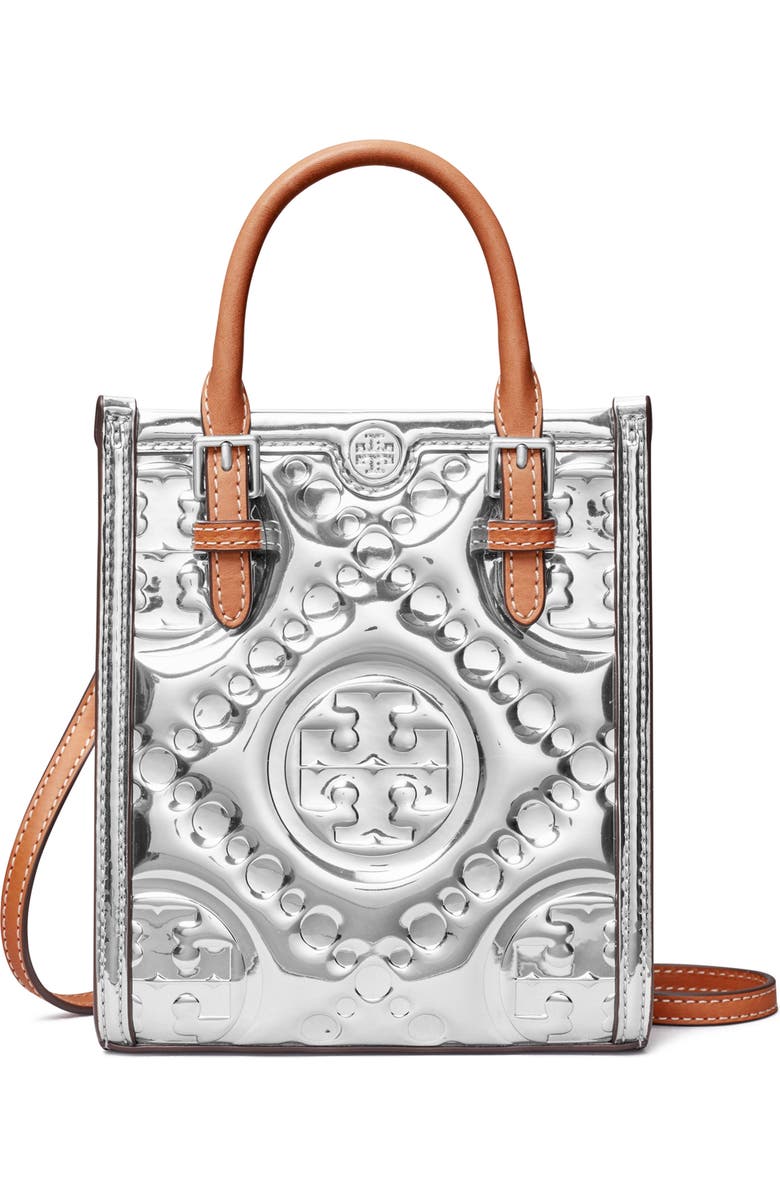 Tory Burch Mini T Monogram Embossed Metallic Tote Bag, Main, color,