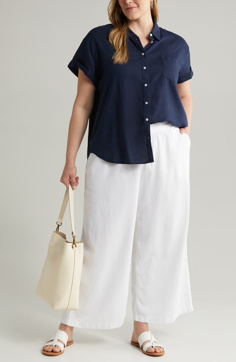 Caslon<sup>®</sup> Tie Waist Wide Leg Crop Linen Blend Pants, Alternate, color, White