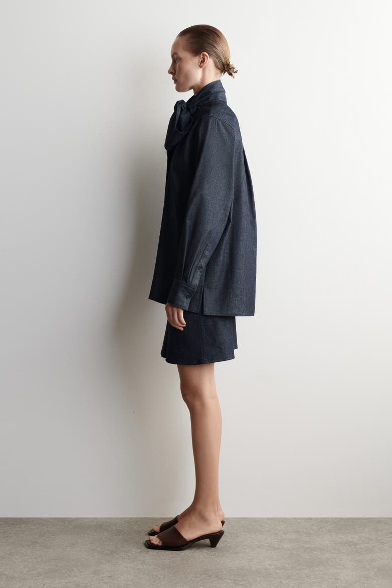 Bow-Detail Denim Shirt, Alternate, color, INDIGO