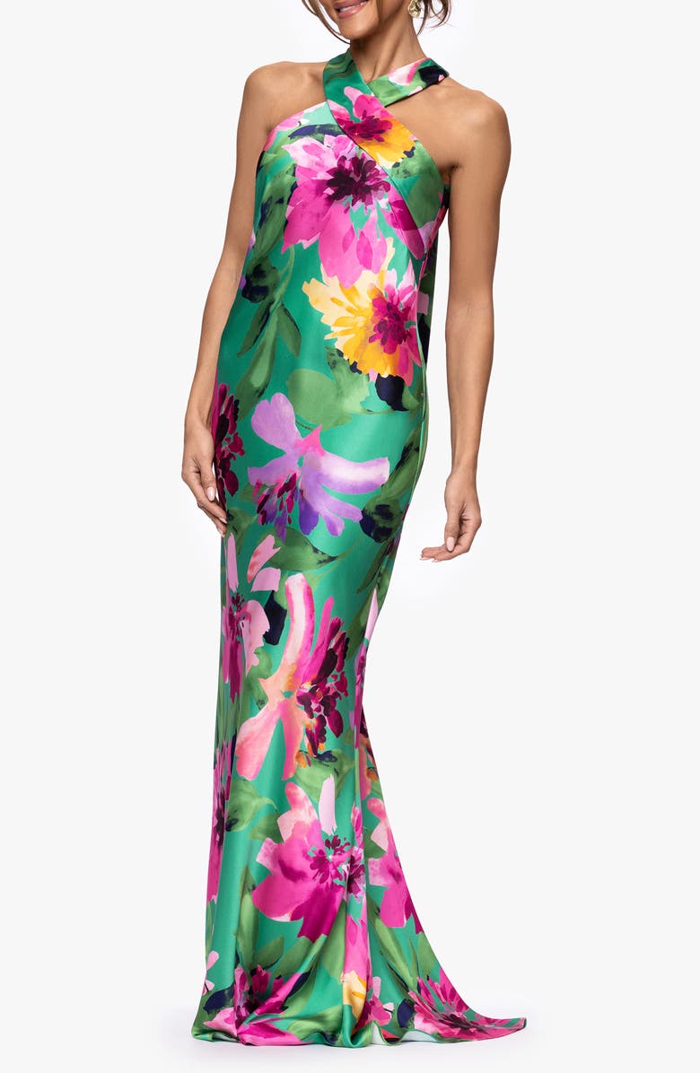 Xscape Evenings Floral Stretch Satin Column Gown, Alternate, color, Green/ Multi