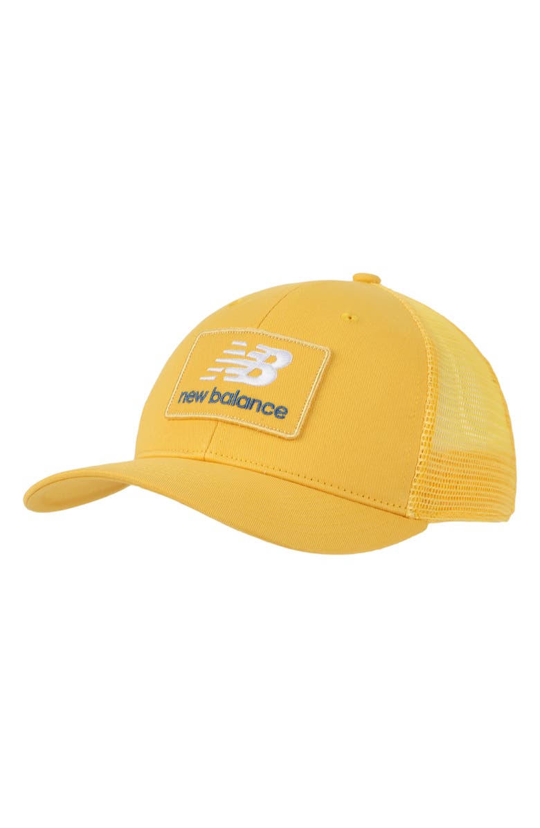 New Balance Stacked Patch Logo Trucker Hat, Main, color,
