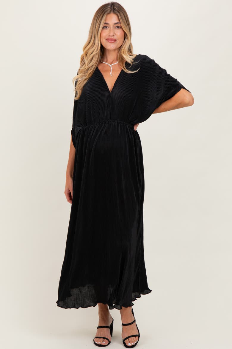 Pleated Satin Dolman Sleeve Maxi Dress, Alternate, color, Black