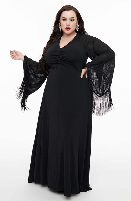 Smak Parlour Plus Size Fringed Long Bell Sleeved Ruched Maxi Dress In Black