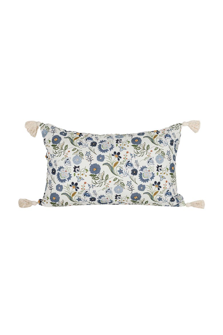 Blue Floral Marguerite Suzani Lumbar Accent Pillow, 14" x 22" w/ Tassels, Main, color, Blue