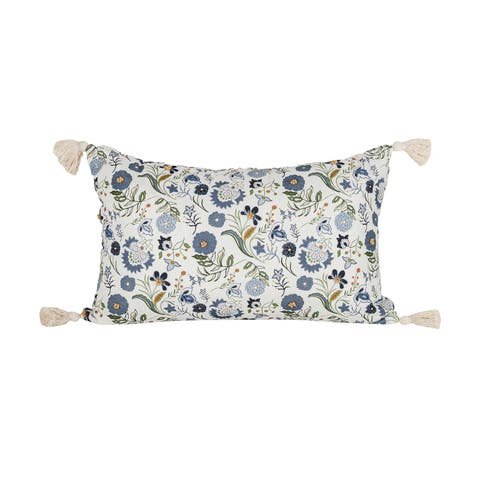 Blue Floral Marguerite Suzani Lumbar Accent Pillow, 14" x 22" w/ Tassels