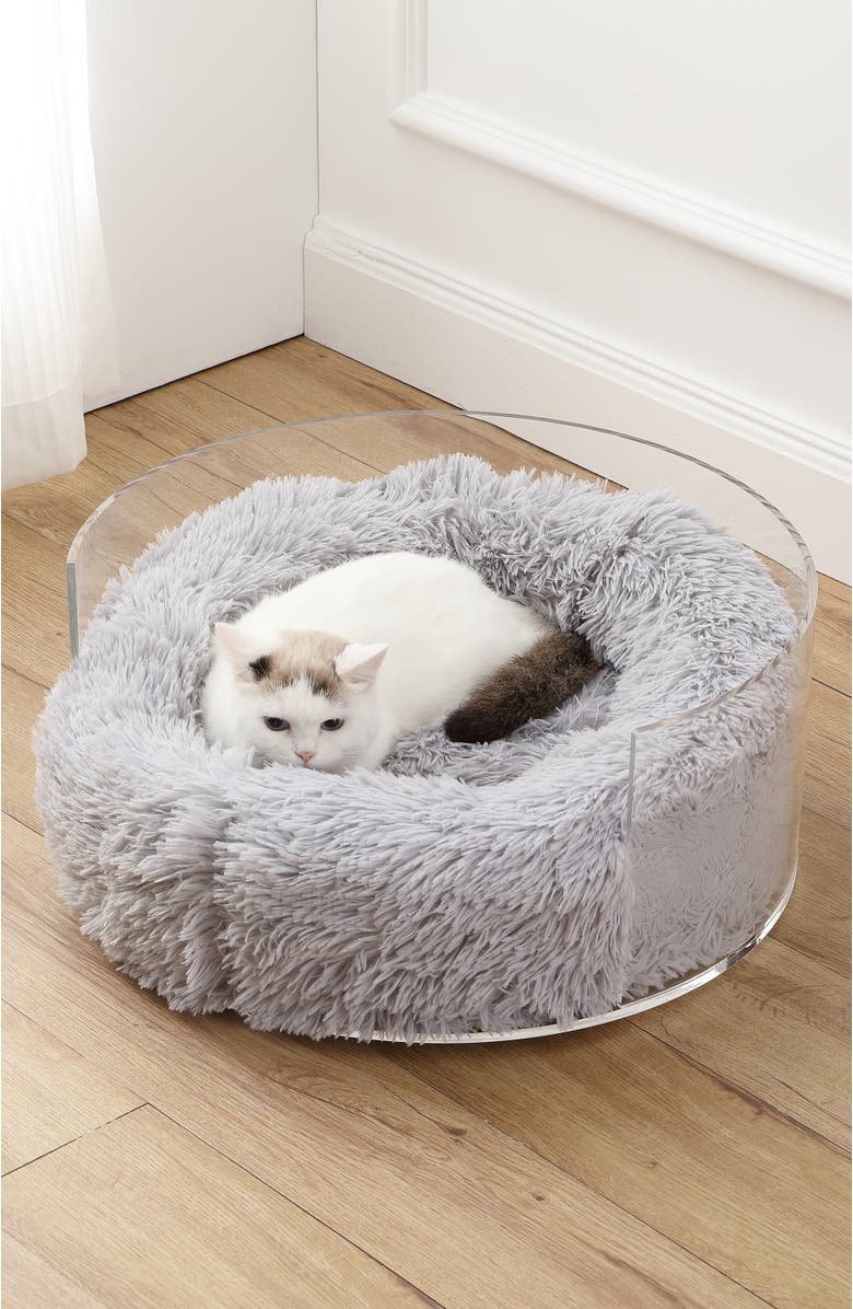 The Licker Store Bette 20.75" x 20.75" Small/Medium Modern Lucite Calming Fluffy Donut Pet Bed with Washable Cover, Alternate, color, Light Gray/Clear
