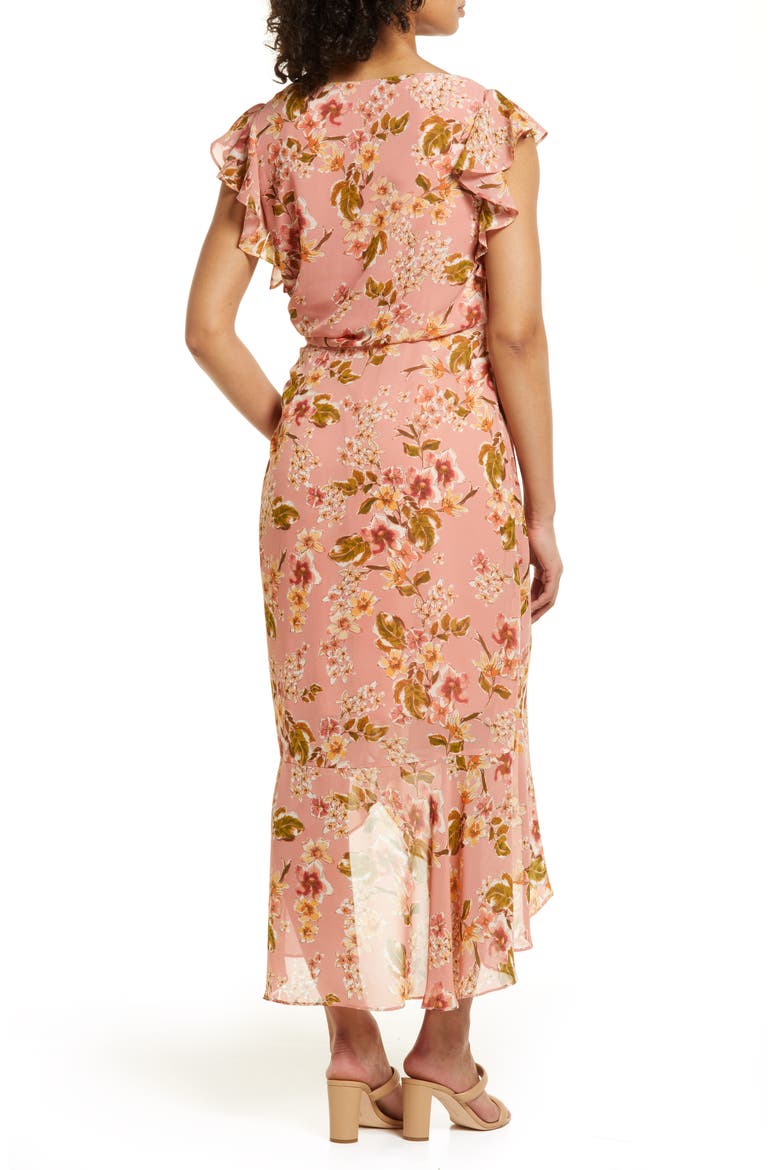 Floral Print Flutter Sleeve Midi Dress, Alternate, color, BLUSH MULTI