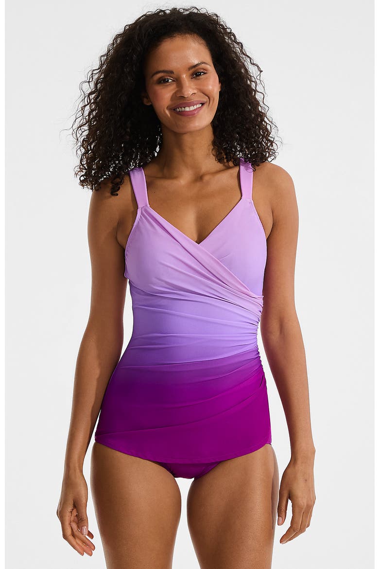 DDD-Cup Slender V-Neck Tummy Control Chlorine Resistant Skirted One Piece Swimsuit, Main, color, Crimson Rose/Purple Ombre