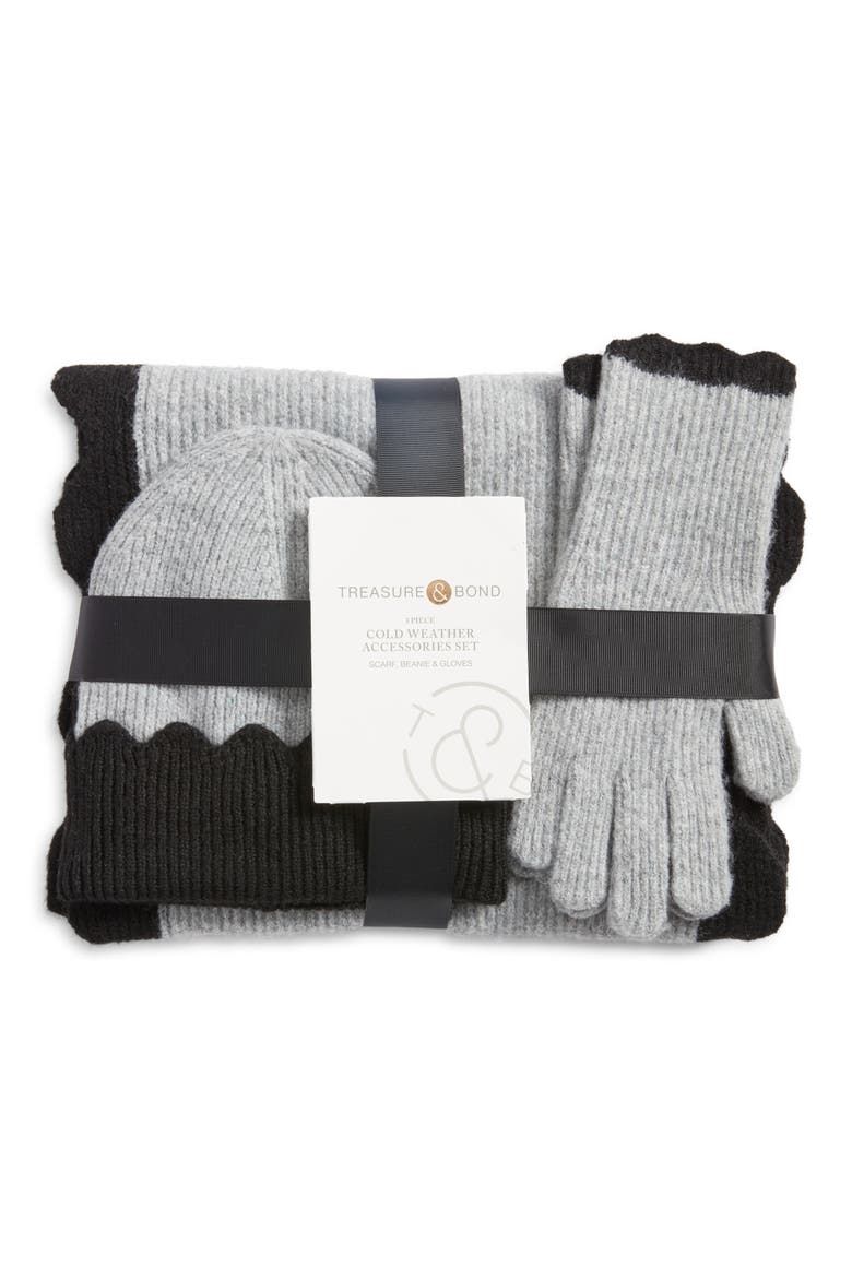 Scalloped Scarf, Beanie & Gloves Set, Alternate, color, GREY- BLACK
