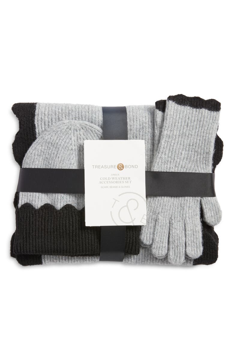 Treasure & Bond Scalloped Scarf, Beanie & Gloves Set, Alternate, color, Grey- Black
