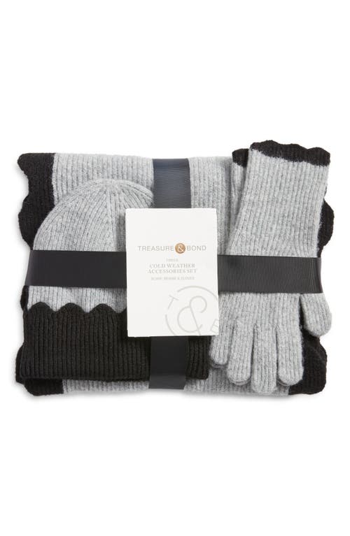 Treasure & Bond Scalloped Scarf, Beanie & Gloves Set In Gray