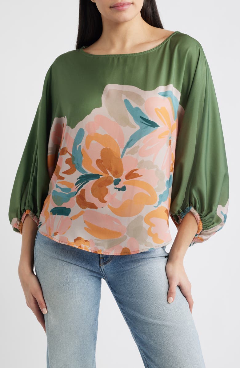 Wit & Wisdom Placement Print Peasant Top, Main, color, Basil Multi