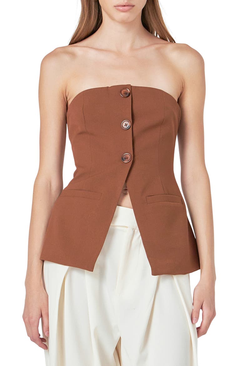 Button Strapless Top, Main, color, BROWN