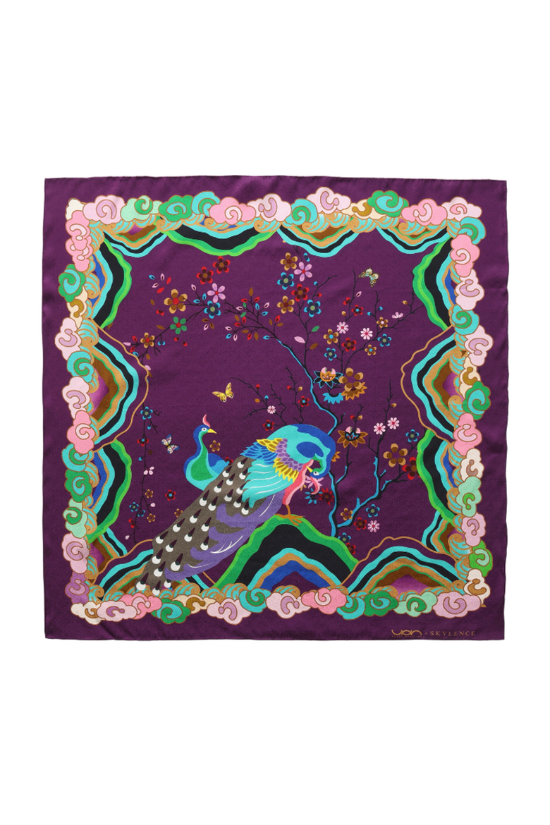 Wendy Morrison X Skylence Kujaku Peacock Silk Scarf, Main, color, Purple