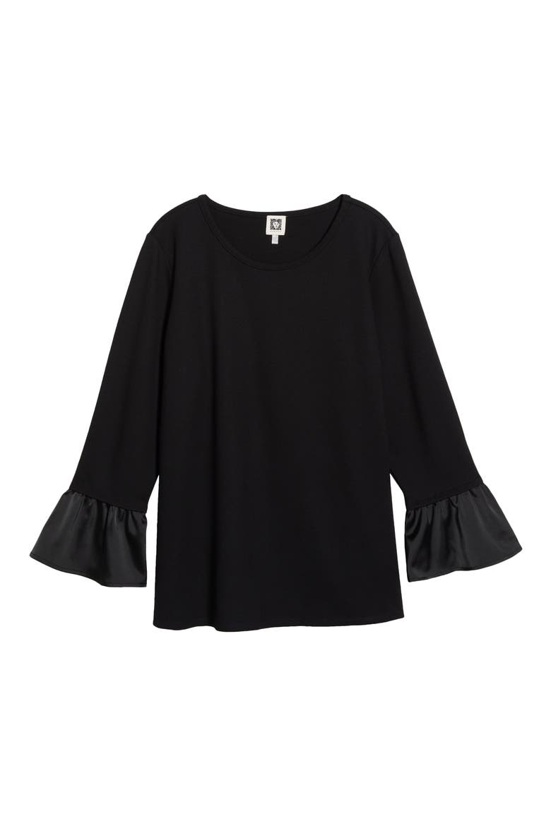 Ruffle Cuff Round Neck Top, Alternate, color, ANNE BLACK