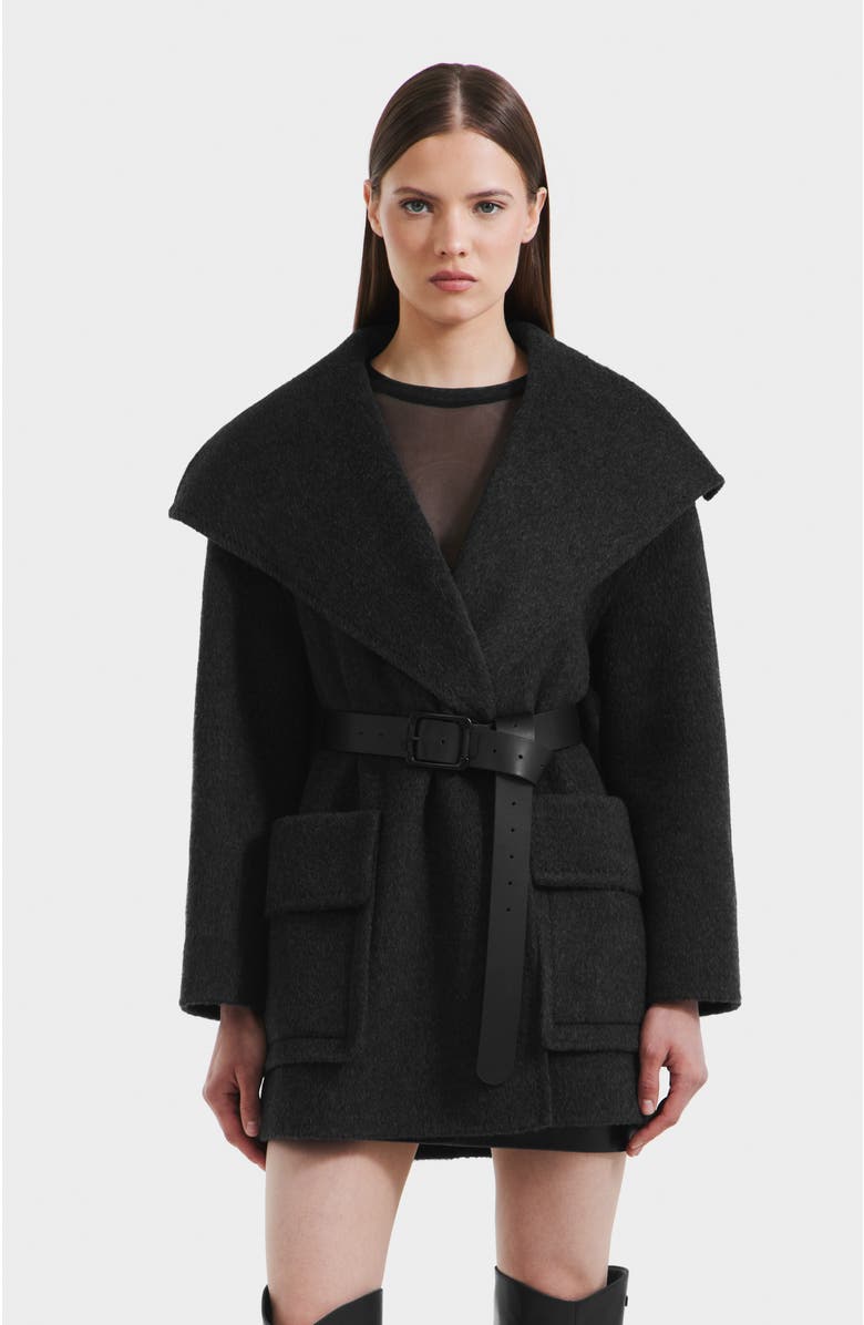 Rudsak Lucia Textured Wool Wrap Mid-length Coat, Main, color, Heather Black