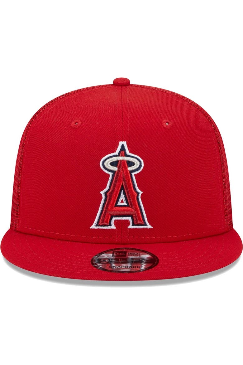 Men's New Era Red Los Angeles Angels Team Color Trucker 9FIFTY Snapback Hat, Alternate, color, Red