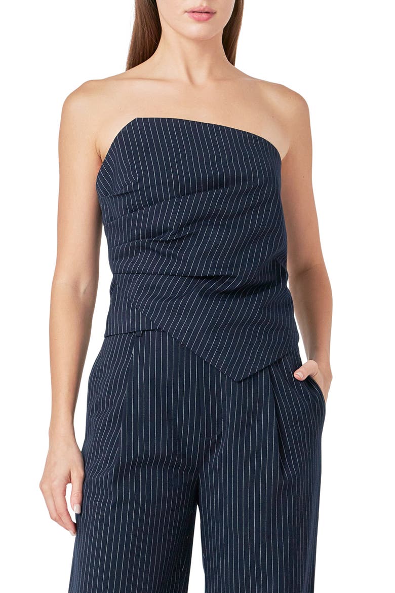 Stripe Asymmetric Neck Strapless Top, Main, color, NAVY