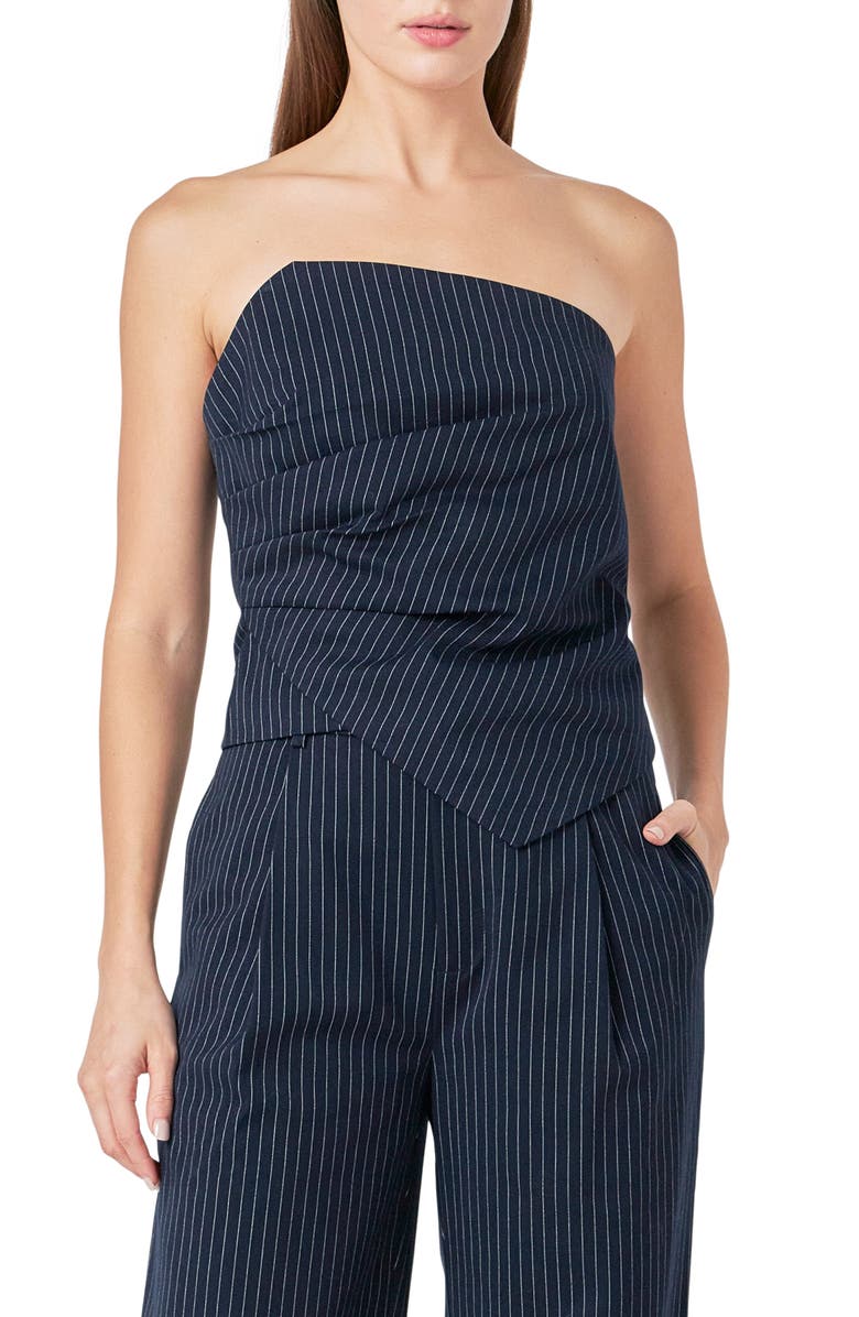 Endless Rose Stripe Asymmetric Neck Strapless Top, Main, color, Navy