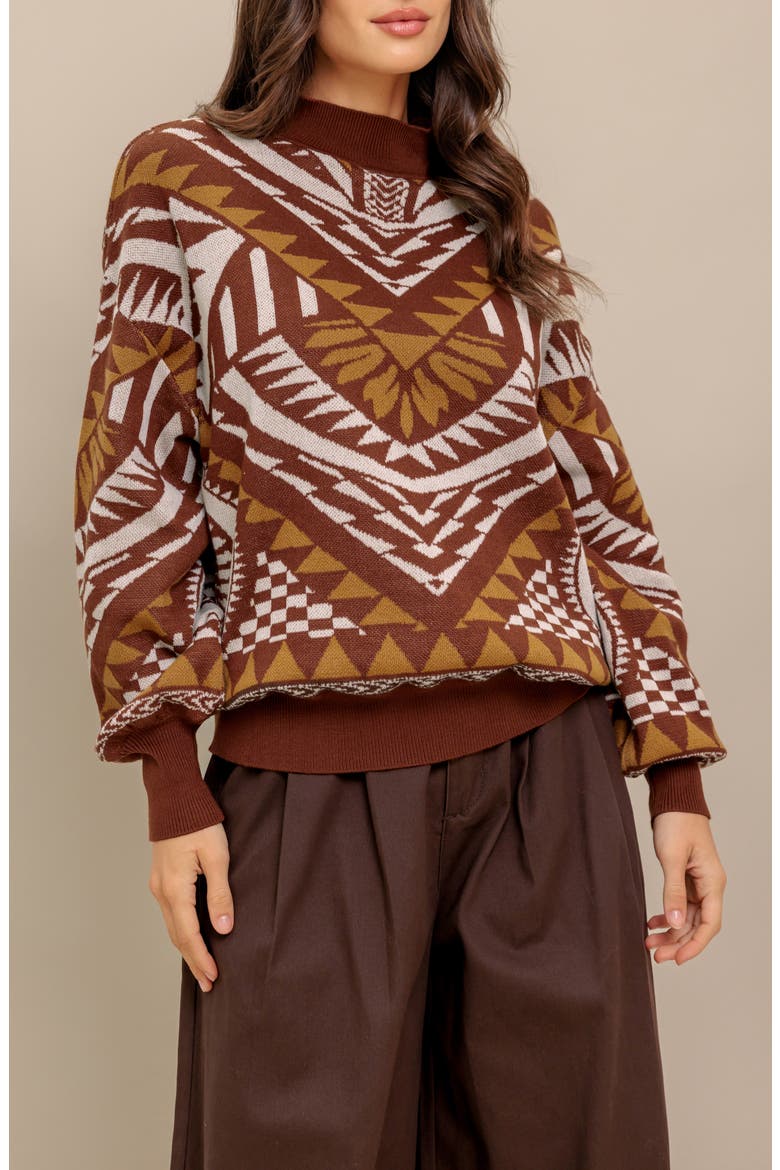 Geometric Balloon Sleeve Sweater, Alternate, color, BROWN
