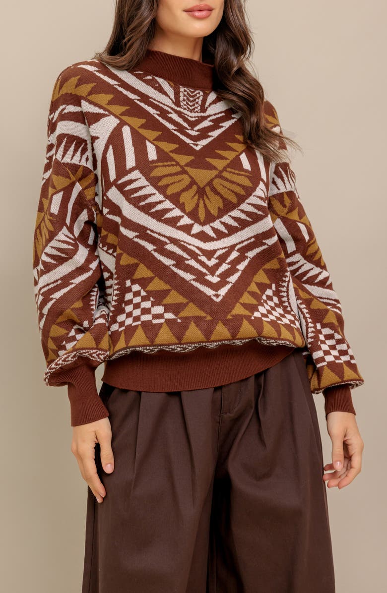 FLYING TOMATO Geometric Balloon Sleeve Sweater, Alternate, color, Brown