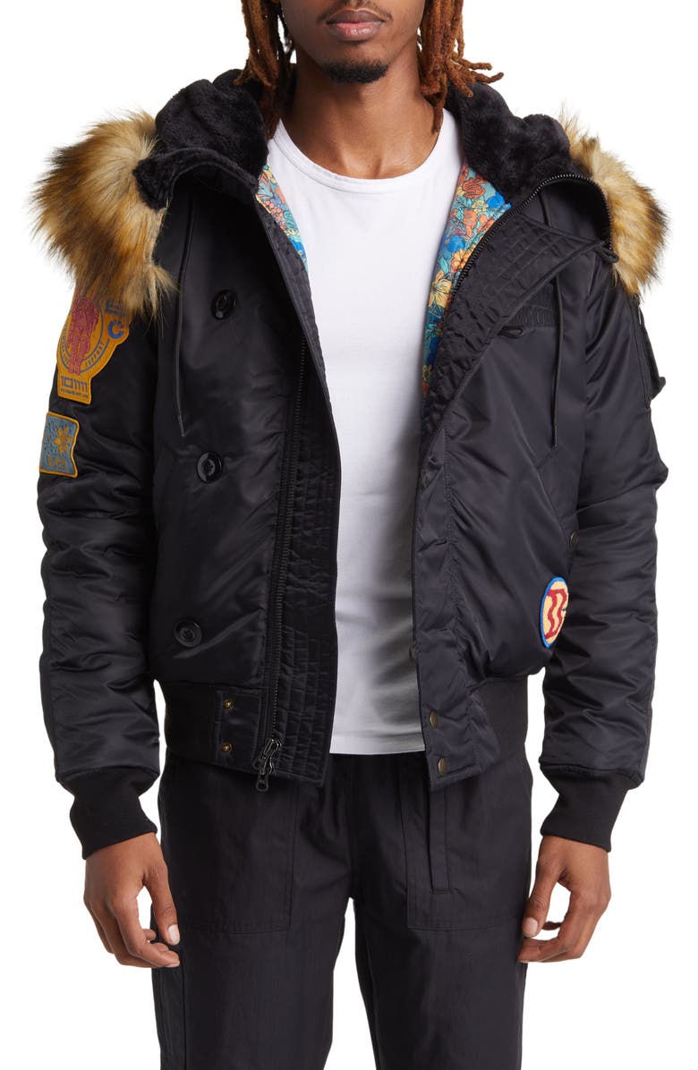 Billionaire Boys Club Eucalyptus Faux Fur Trim Graphic Hooded Bomber Jacket, Main, color, 
