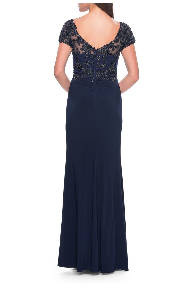 La Femme Chic Jersey and Lace Evening Dress with Short Sleeves, Alternate, color, Navy