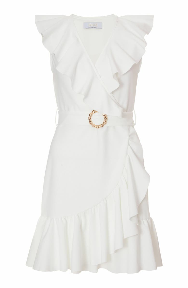QUIZ Scuba Crepe Frill Detail Wrap Dress, Alternate, color, White
