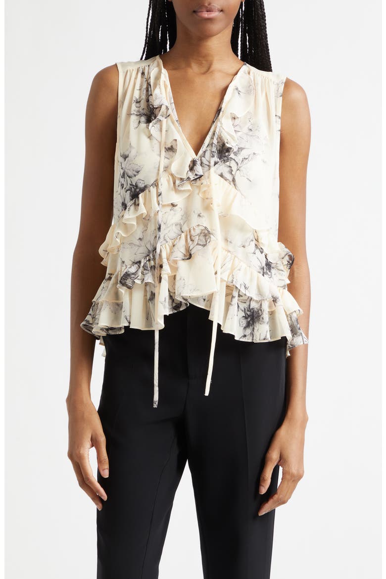 Floral Ariette Tiered Ruffle Trim Top, Main, color, GARDENIA/ BLACK