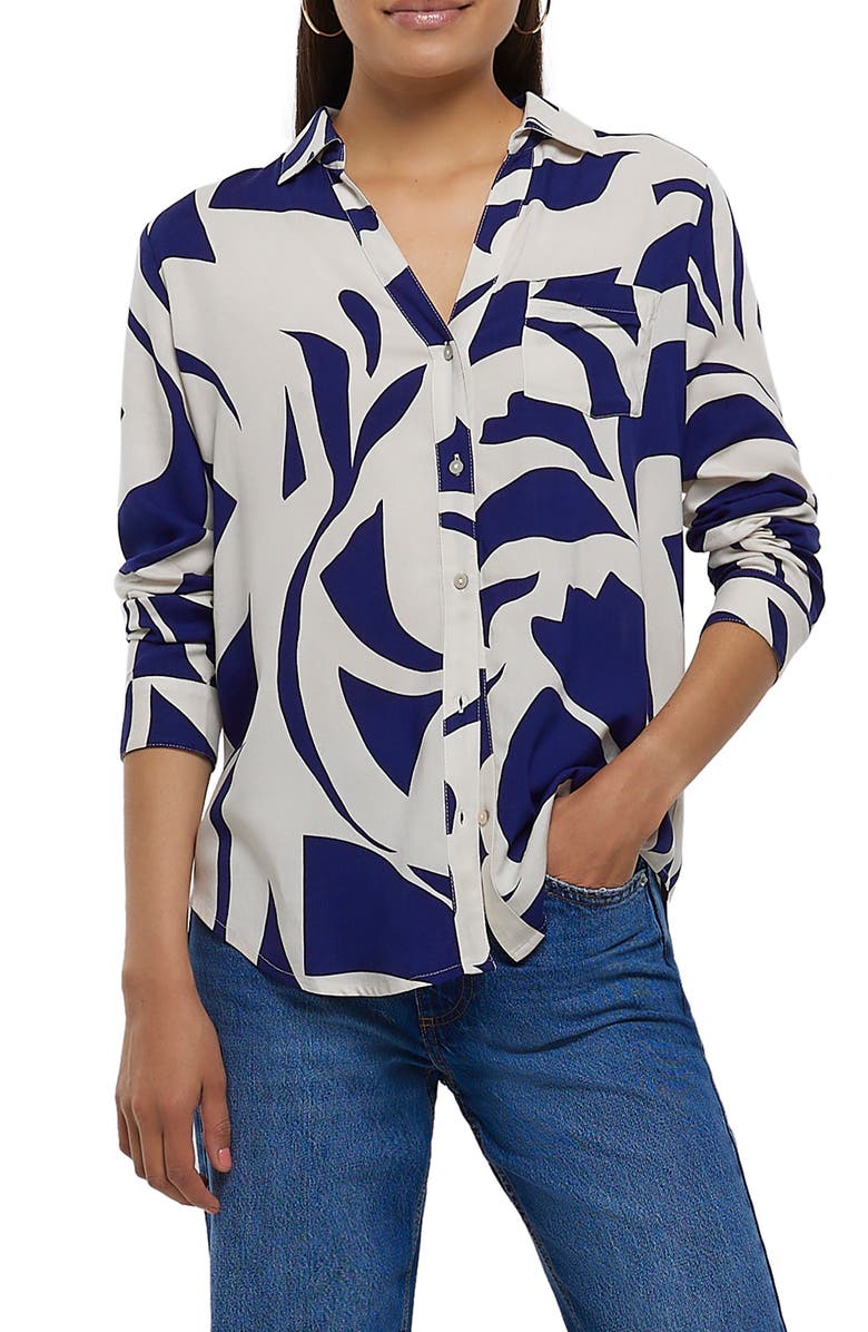 River Island Abstract Print Button-Up Top, Main, color,