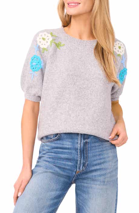 CeCe Floral Embroidered Short Sleeve Sweater
