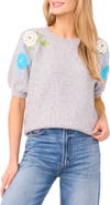CeCe Floral Embroidered Short Sleeve Sweater