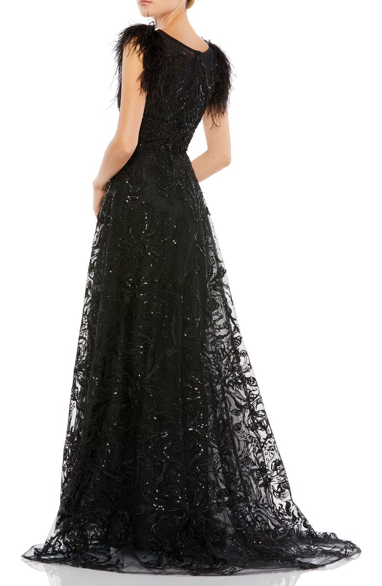 Mac Duggal Embellished Feather Cap Sleeve Bateau A Line Gown, Alternate, color, Black