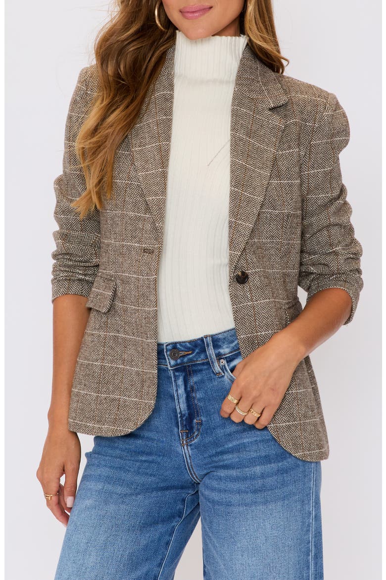 Elodie Plaid One-Button Blazer, Main, color, DARK BROWN HERRINGBONE