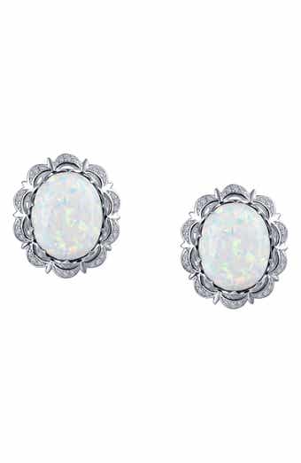 Oval Simulated Opal & Simulated Diamond Stud Earrings