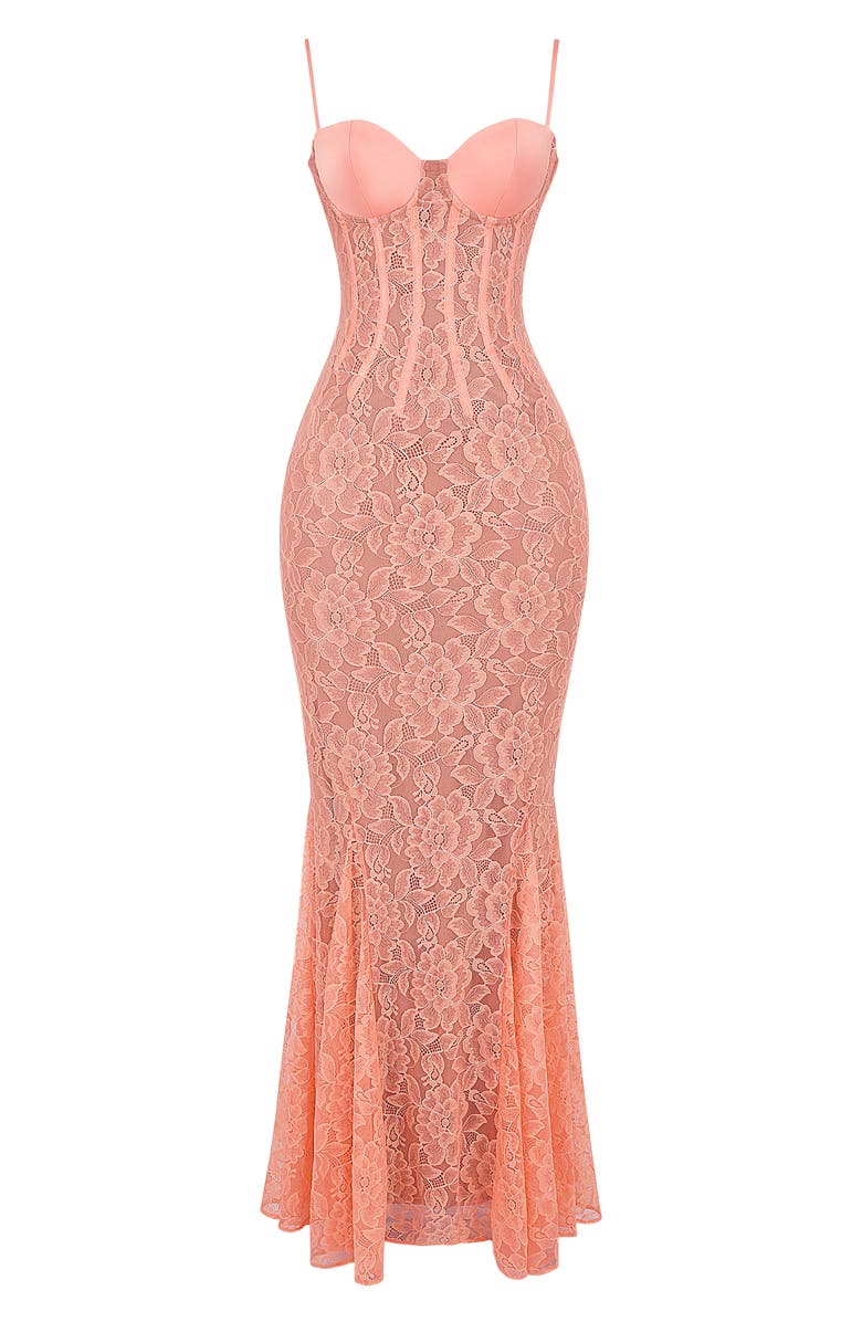 HOUSE OF CB Cordelia Lace Corset Mermaid Gown, Alternate, color, Papaya Punch