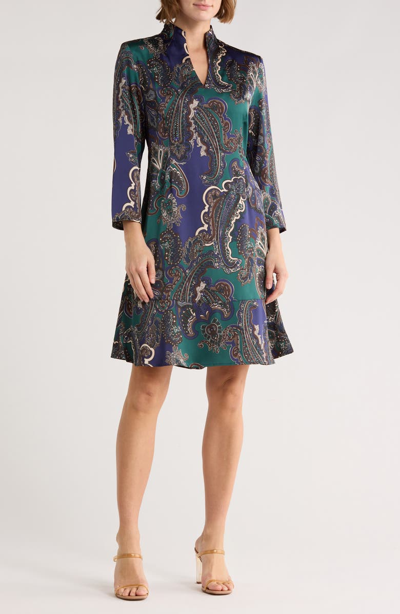 Ming Wang Paisley Print Crepe de Chine Dress, Main, color, Forest Veridian/Regatta