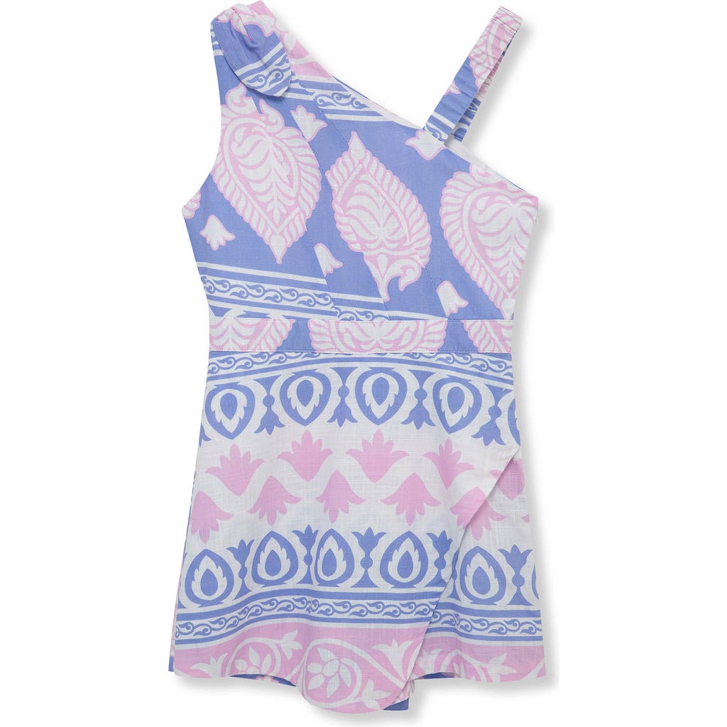 Habitual Kids Kids' Asymmetric Cotton Romper In Blue/pink Print