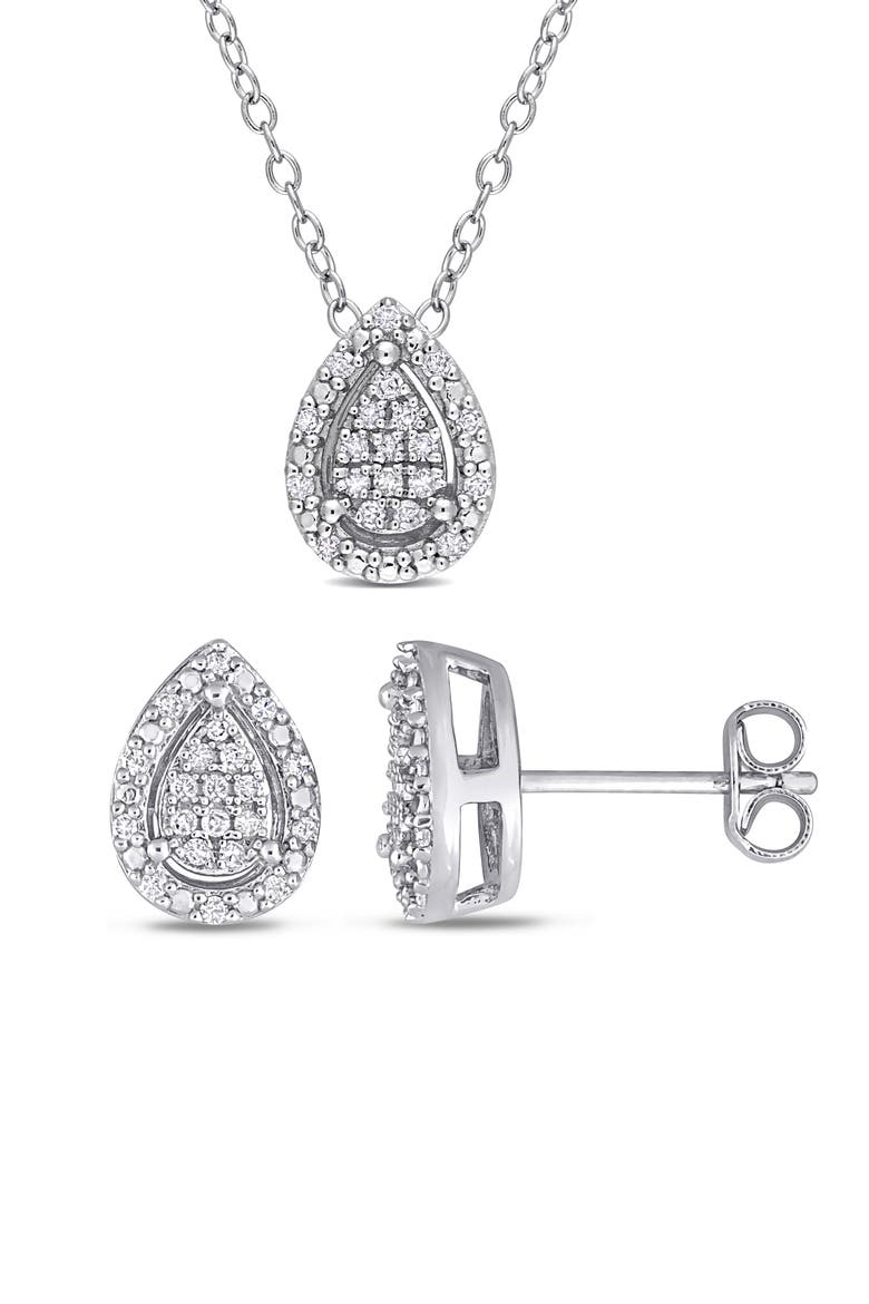 Diamond Pear Pendant Necklace & Stud Earrings Set - 0.3ct., Main, color, SILVER