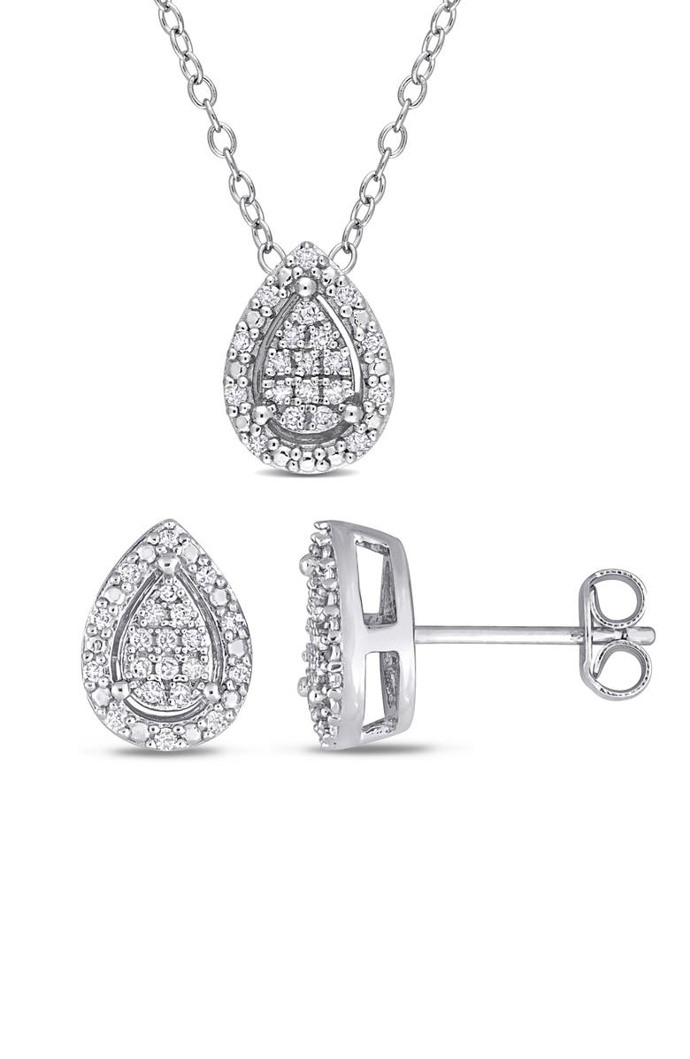 DELMAR Diamond Pear Pendant Necklace & Stud Earrings Set - 0.3ct., Main, color, Silver