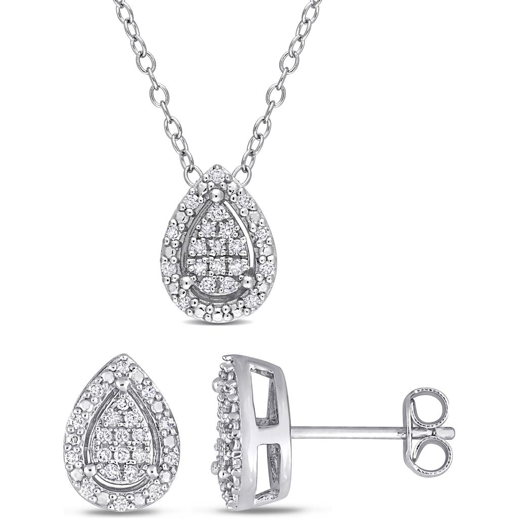 Delmar Diamond Pear Pendant Necklace & Stud Earrings Set In Silver