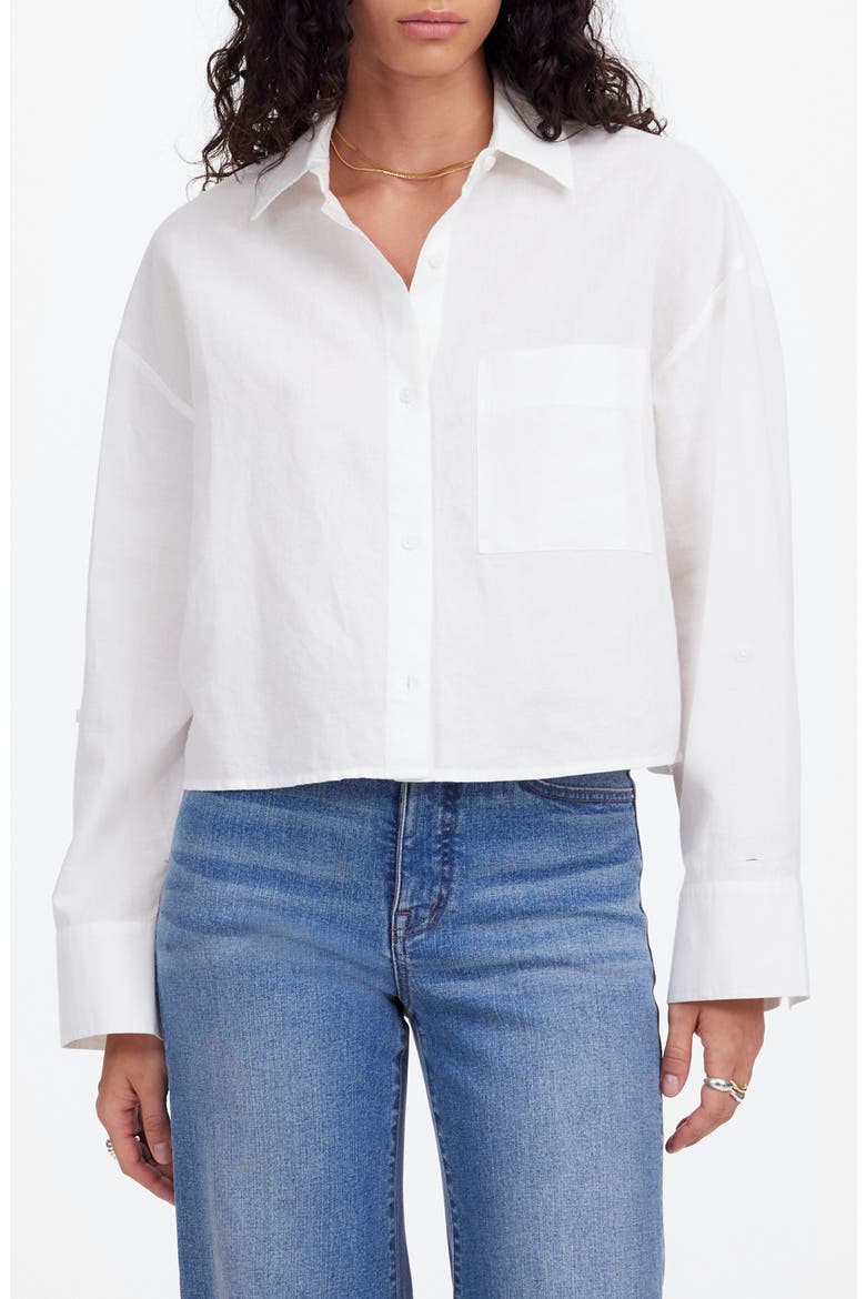 Straight Hem Crop Linen & Cotton Button-Up Shirt, Main, color, WHITE